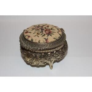 Vintage Mele Japan Tapestry Trinket Box Footed Jewelry Casket Floral Lid